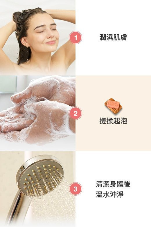 1.潤濕肌膚 2.搓揉起泡 3.清潔身體後溫水沖淨 