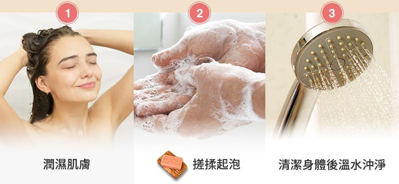 1.潤濕肌膚 2.搓揉起泡 3.清潔身體後溫水沖淨 